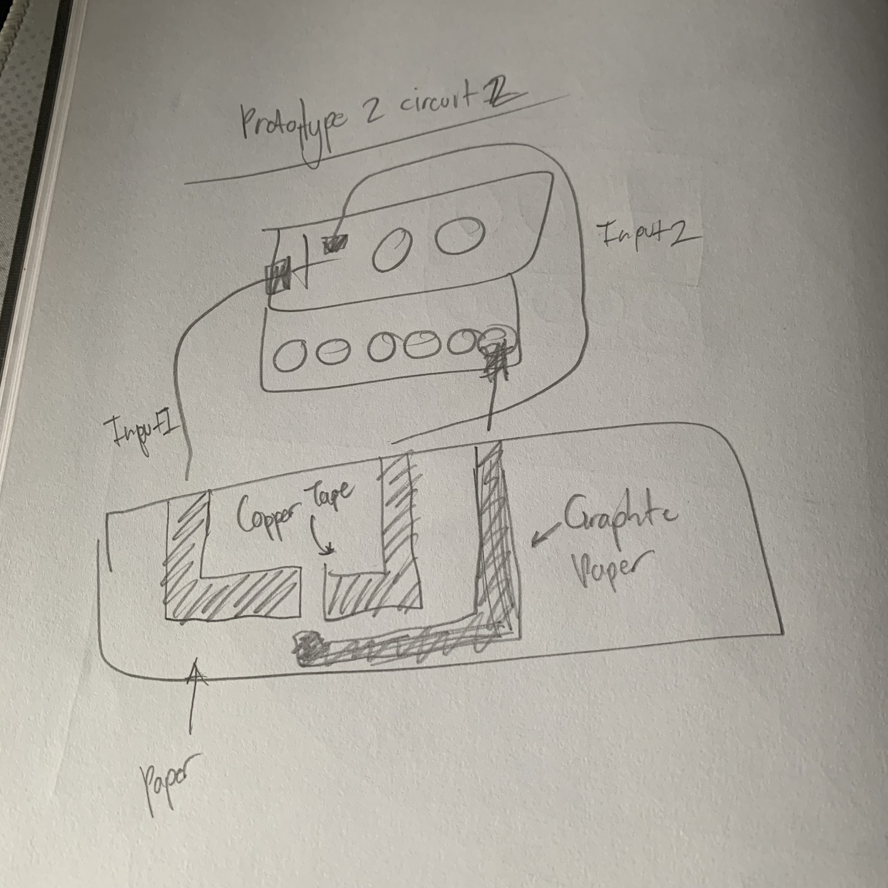 Initial sketch testing a circuit similar to the tutorial week 10 video using your fingers as the ground and middle connection to finish the circuit.