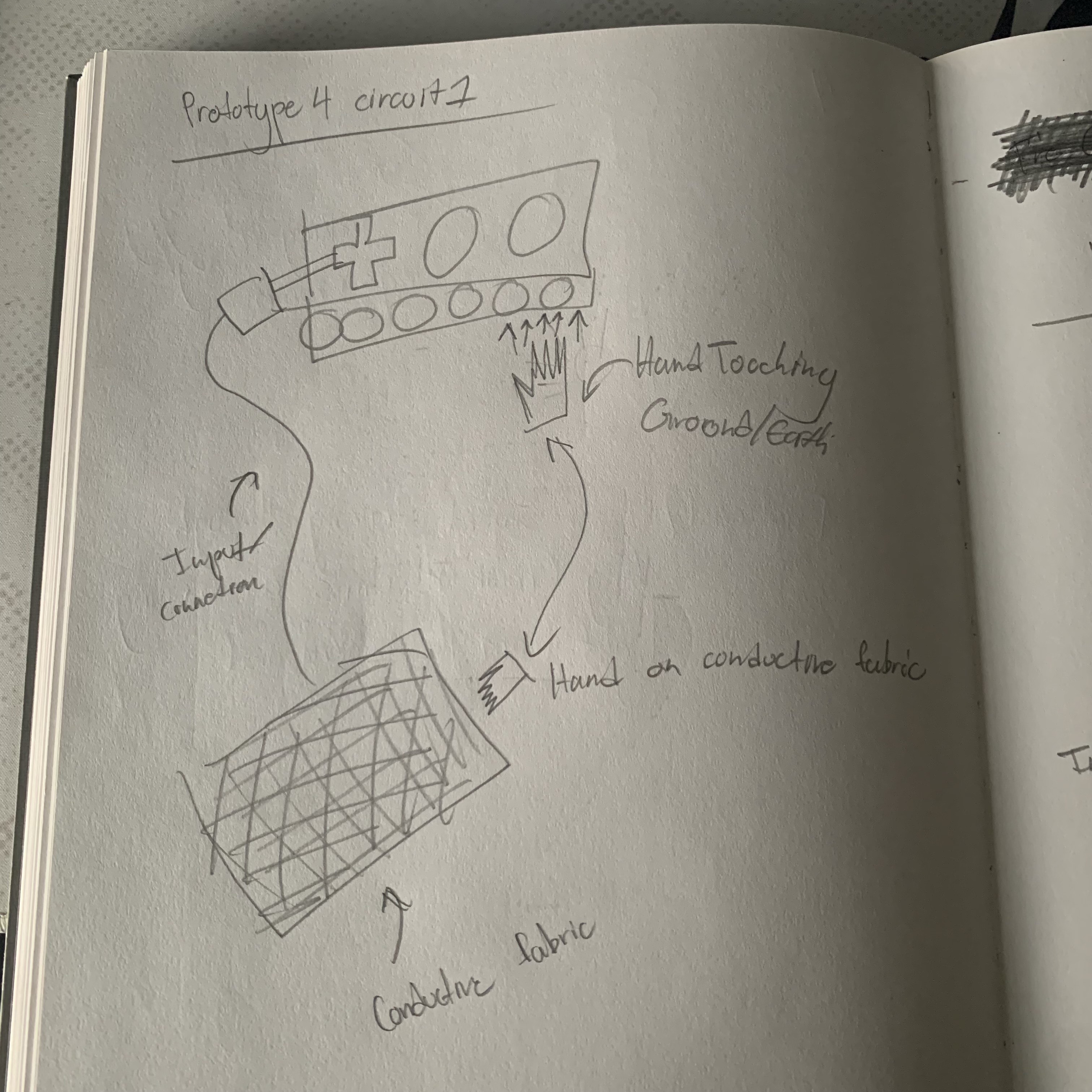 Prototype 4 Circuit 1 sketch experimenting with the idea of hand connection as ground and the conductive cloth.