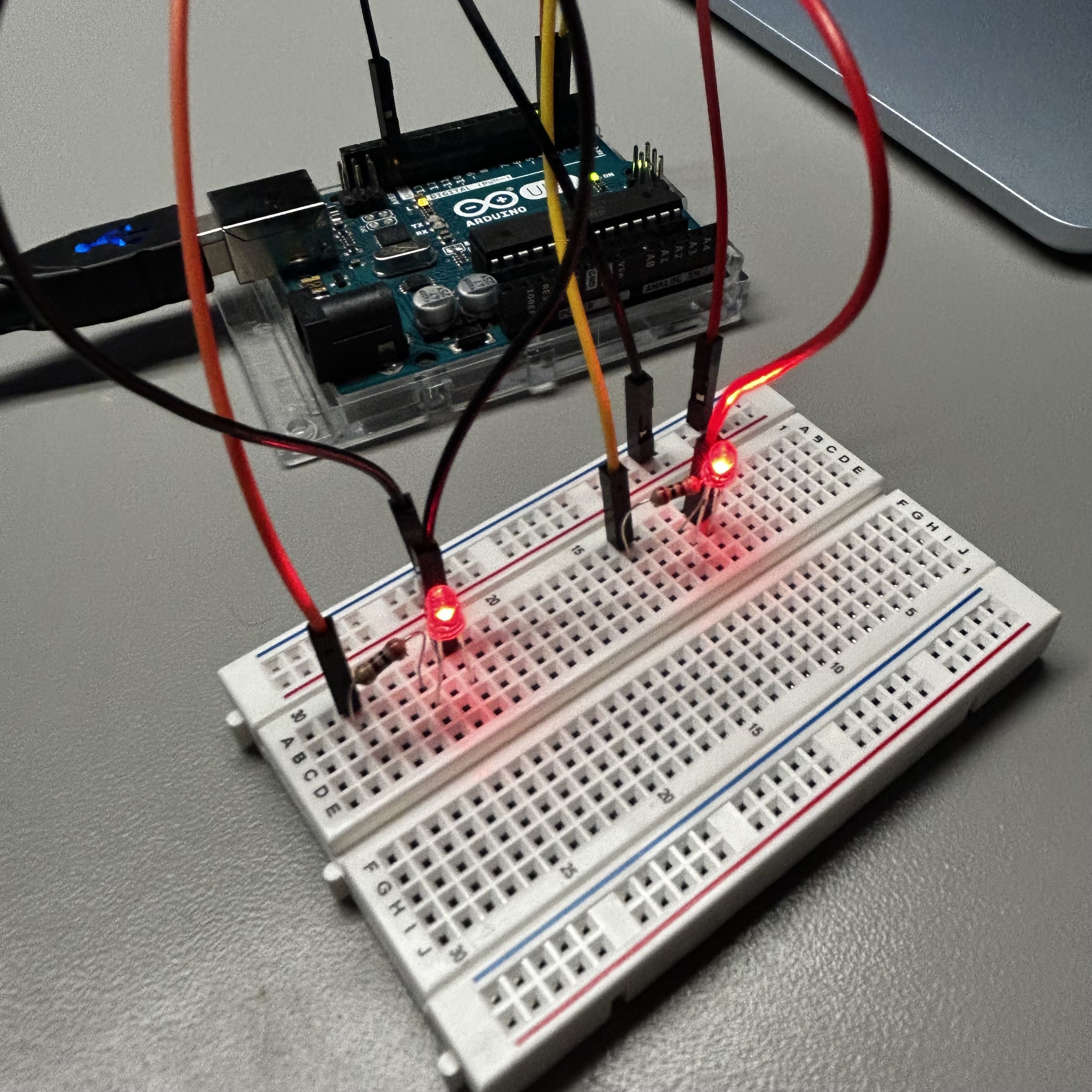Here is my fourth successful activation of the LED lights this time utilizing 2 resistors attached to different slots in the arduino.