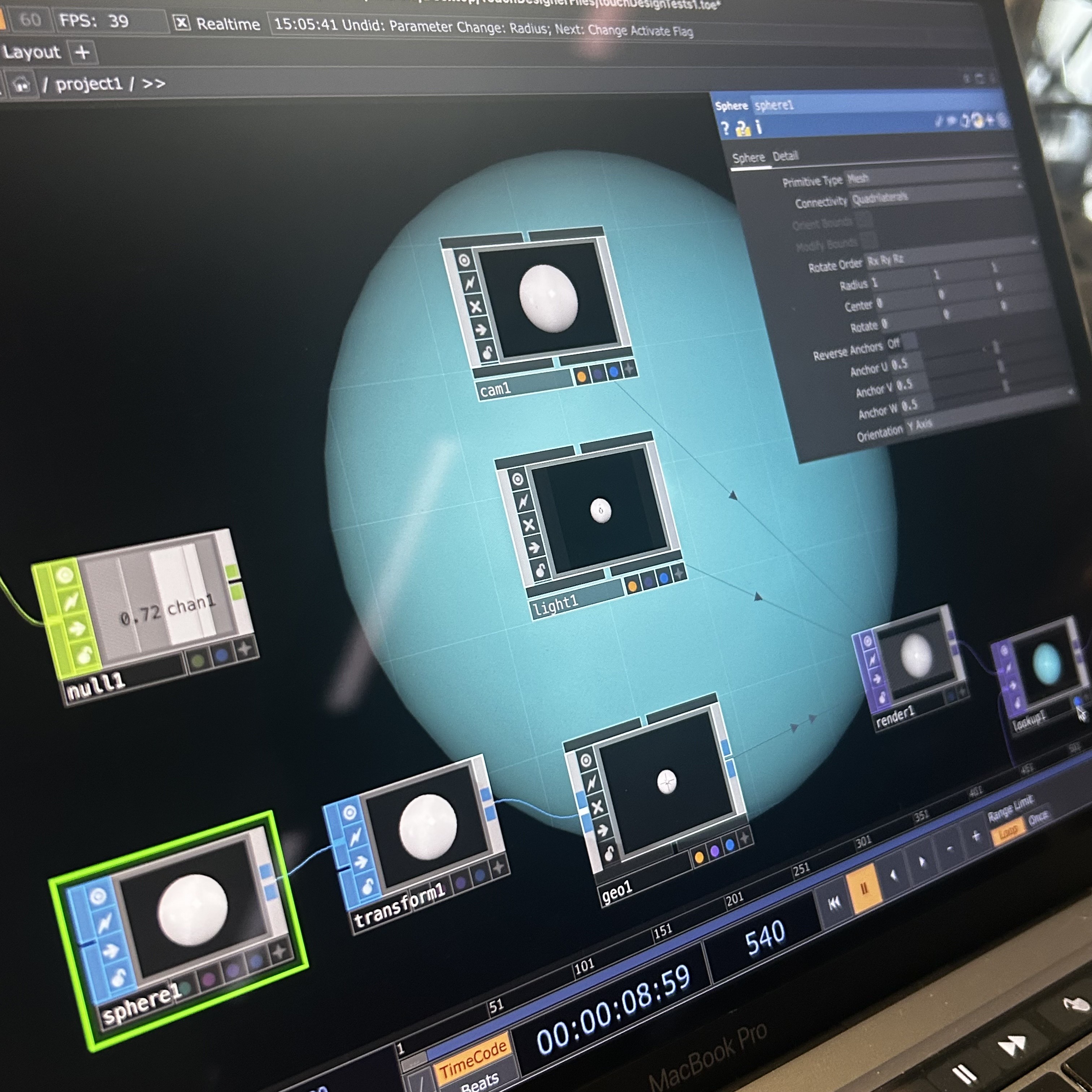 Here is an image of the sphere being fully created in Touch Design 2.0 and is fully functional, allowing users to change its size via dial on the Arduino.