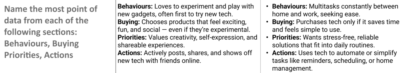 An image expressing the different aspects of the personas taking their Behaviours, Buying, Priorities, and Actions.