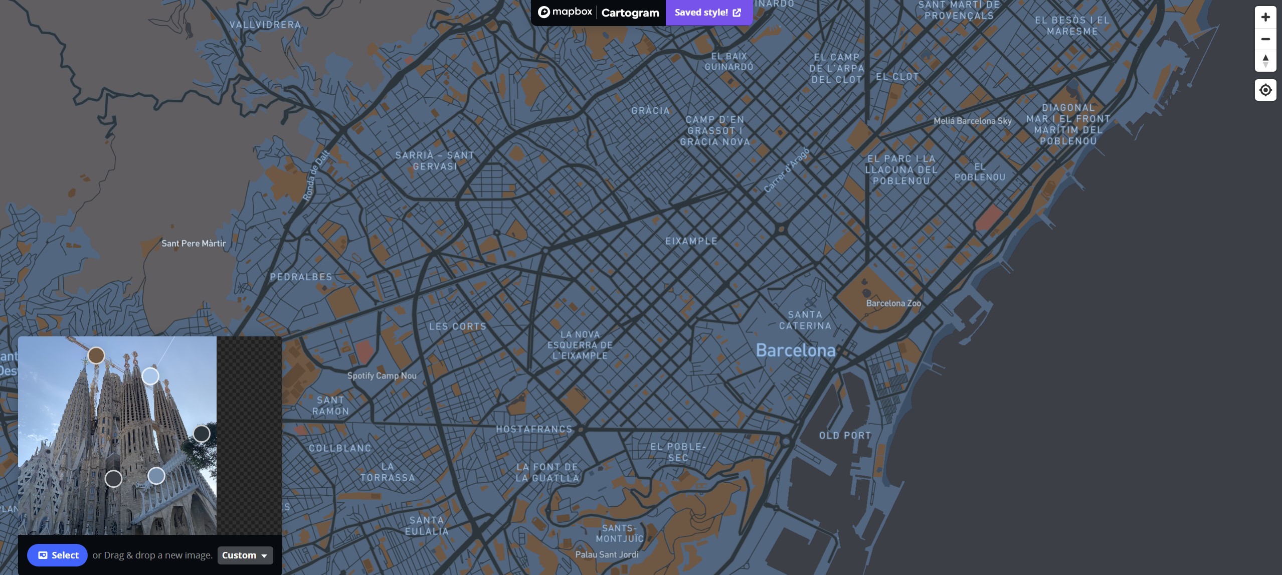 This image shows the colours of the Basílica de la Sagrada Família as another colour palette for the map and it shows the bigger grass lands better as it displays a more outstanding look to the different type of blue for the regular grass areas of the map.