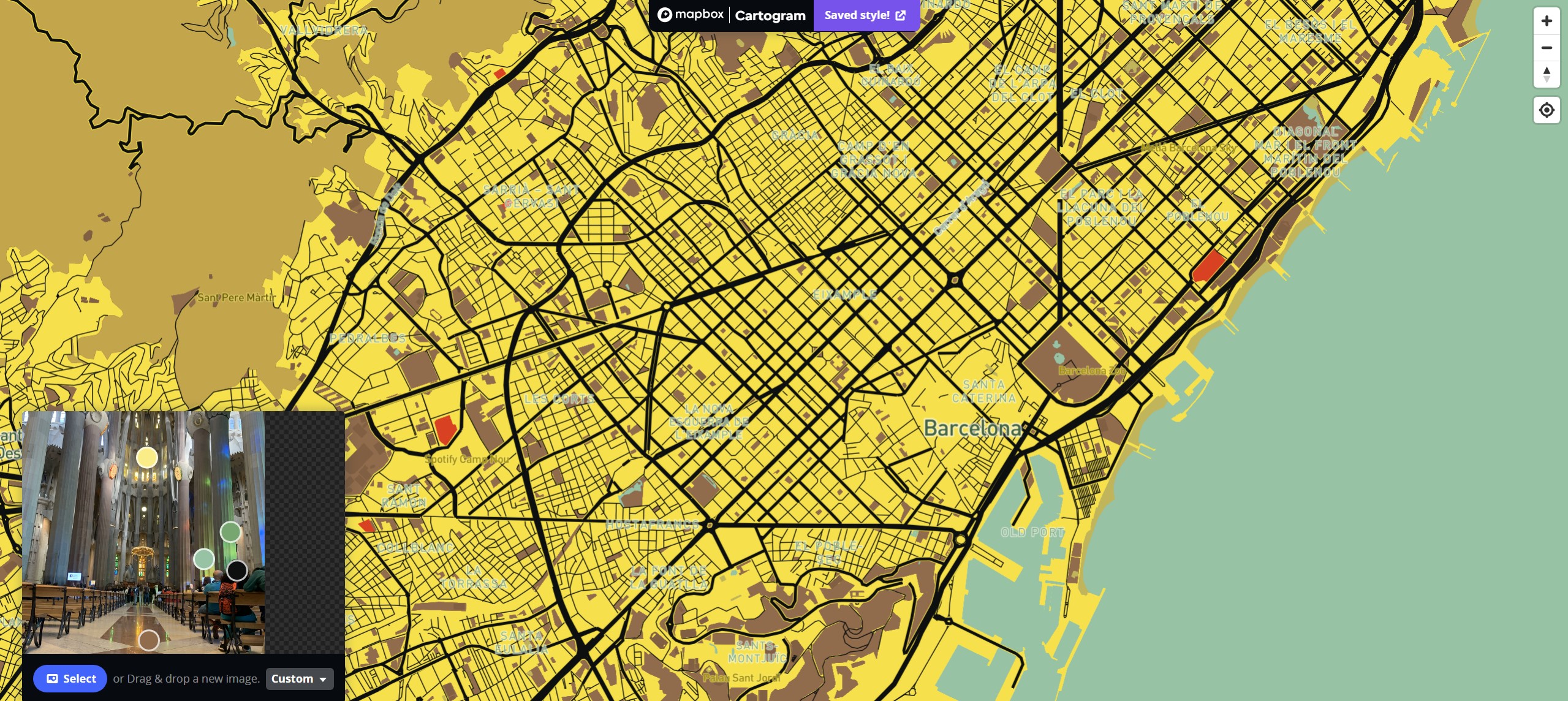 The third image that is used is the inside of the Basílica de la Sagrada Família, this colour way focuses more on the grass land areas since it is a bright yellow, the colour of the roads (black) provide a well composed style colour palette. 