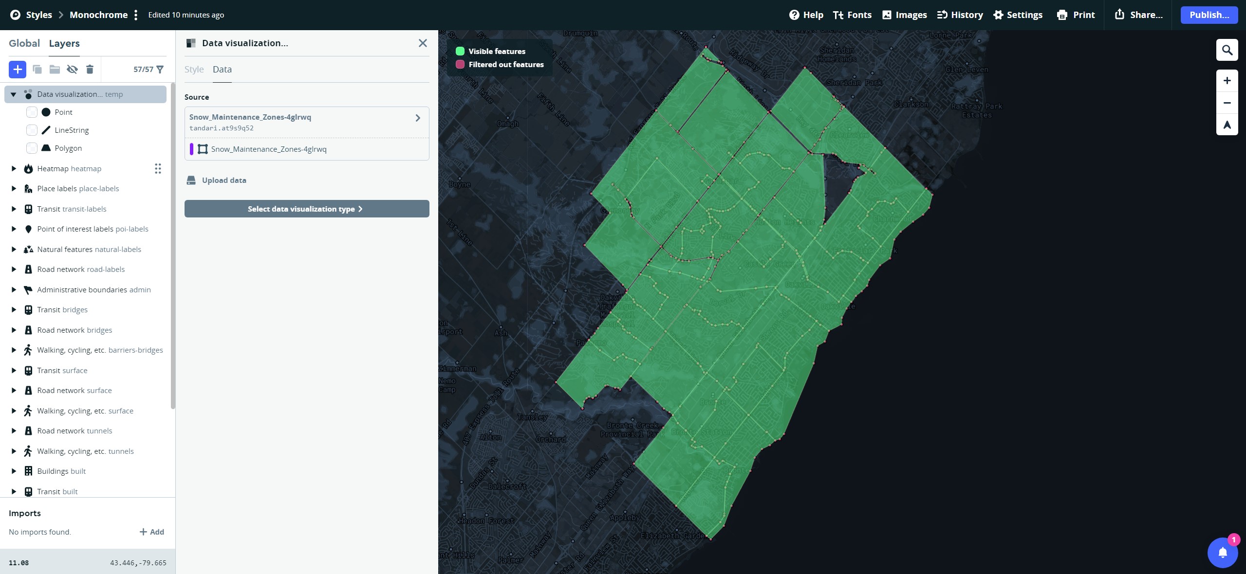 Highlighting all the Snow Maintainance Areas of Oakville.