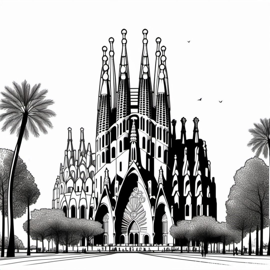 A black and white modified image of the Sagrada Familia.