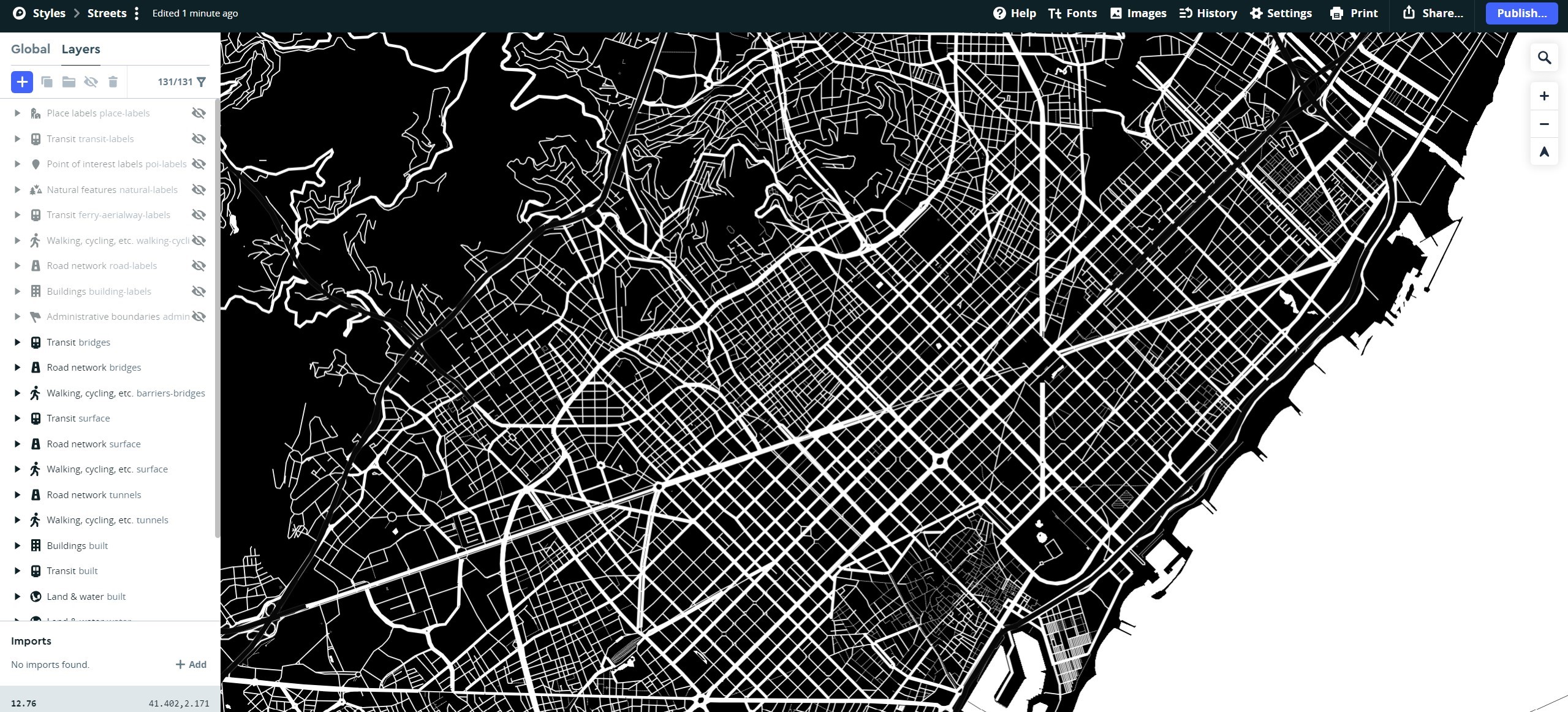 My process in Mapbox showing how I got to make Barcelonas land mass in Black and White for laser cutting.
