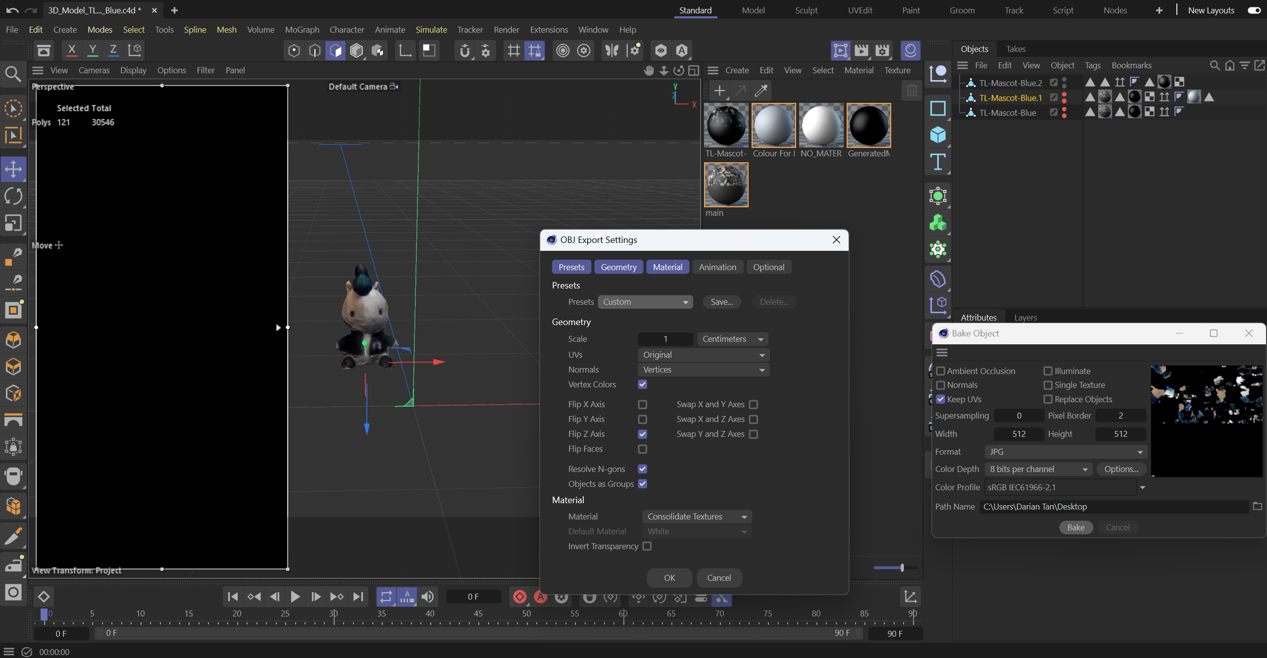 Screenshot showcasing I baked and exported the completed 3D Scanned Model successfully and saved it properly.