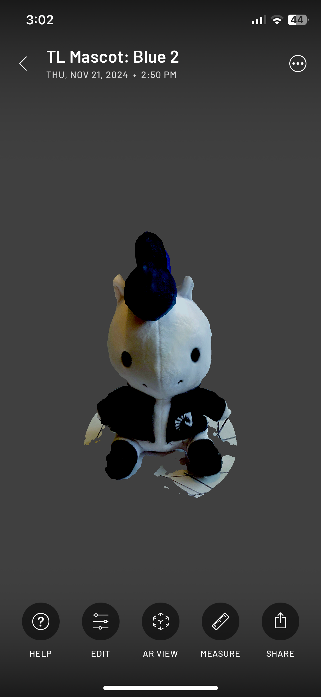 Showcasing the first view of the finished scan of Blue.