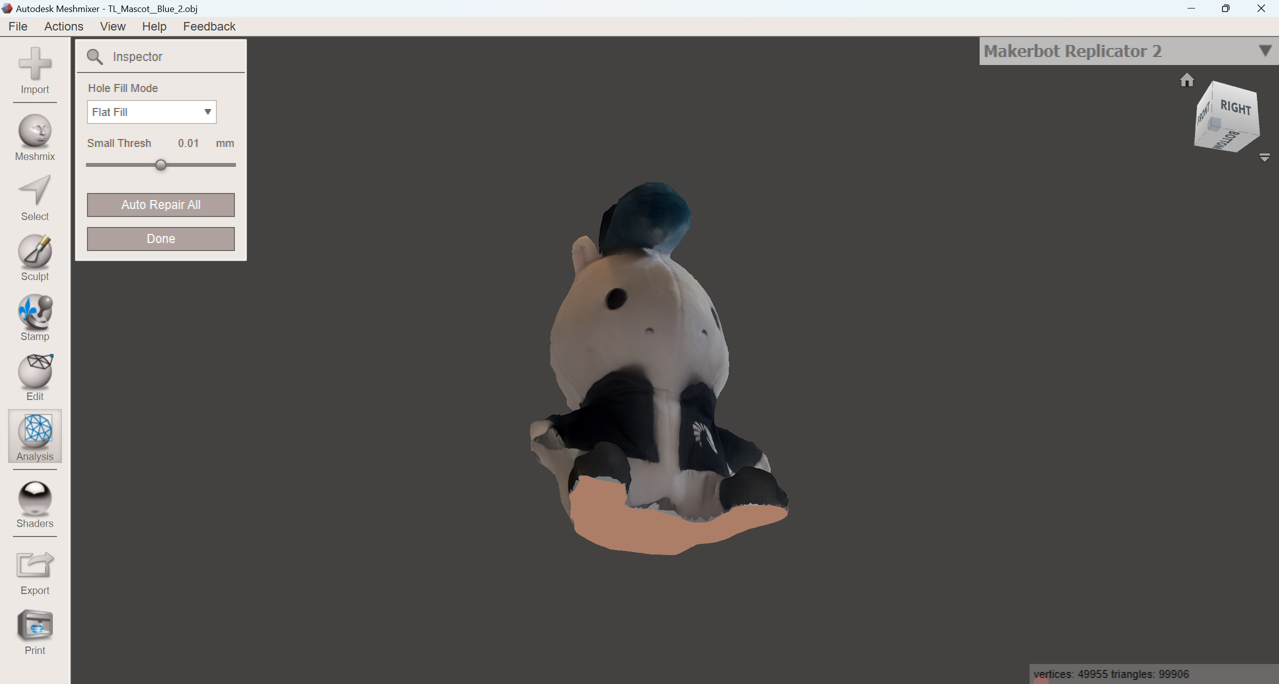 Imported TeamLiquid Mascot into Meshmixer for fixing the visible holes in the model.